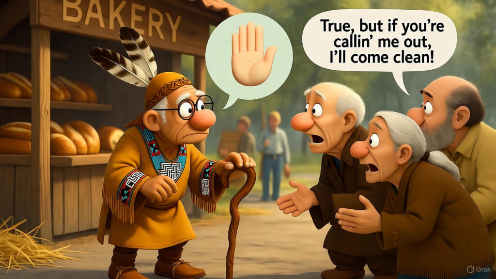 Coda Teasing Baker’s ConfessionElders gasp as Clever Coda presses the bread-baker about the greasy lock, who laughs and jokingly offers to confess.
