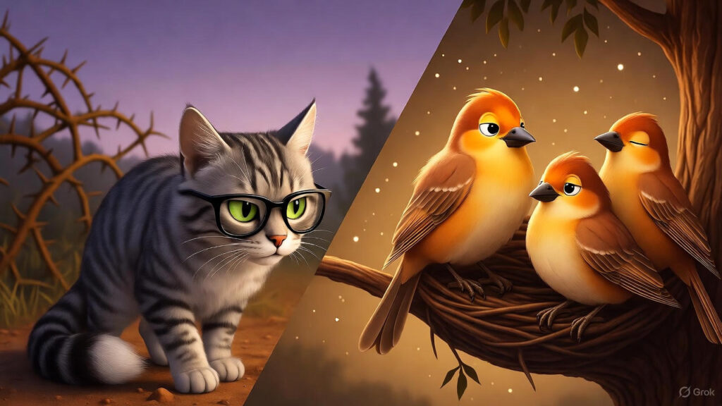 The Cat's Sheepish Retreat and Birds' Safe Harmony